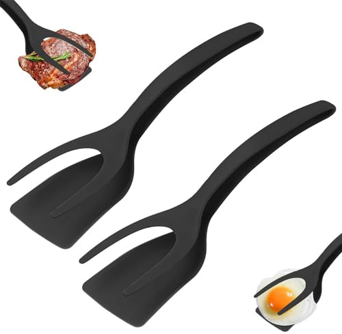MARUKO 2 en 1 Spatule et Pince à Oeufs en Plastique pour La Cuisine - Pour Poisson, Burger, Crêpe (Noir)