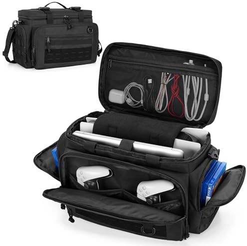 PGmoon Bolsa de transporte compatible con PS5/PS5 Pro/PS4/Xbox, bolsillo táctico para controladores, consola de viaje con compartimentos para portátiles de 15,6 pulgadas | Bolsa de transporte con varios compartimentos para portátiles de 15,6 pulgadas, controlador, disco (diseño de patente)