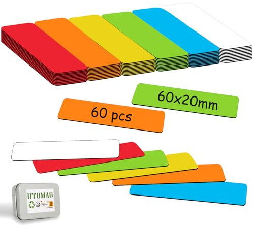 Imanes para Pizarra Magnética - 60x20 mm, 60 Piezas - Etiquetas Magnéticas Escriturables y Borrables de Colores, Adecuadas para Tableros Magnéticos, Neveras y Refrigeradores