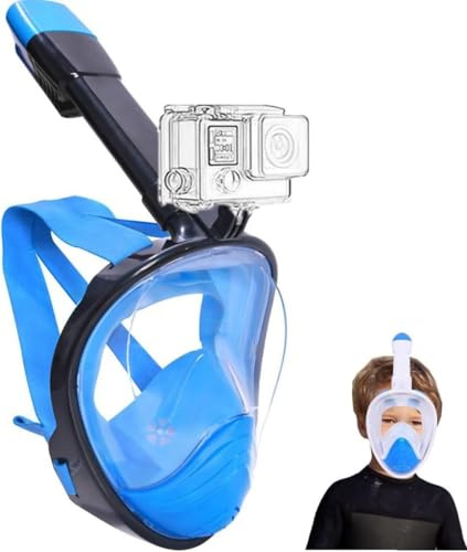 Wsobue Tauchmaske für Kinder,Vollmaske Schnorchelmaske 180° Sichtfeld mit Sportkameras Kompatible, Leichtes Atmen Trocken Schnorchelset für Kinder im Alter 5-14 (Schwarzblau XS für Kinder)