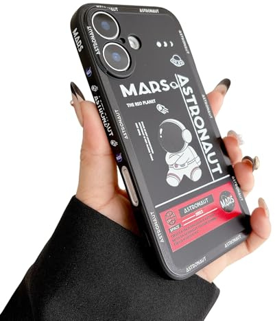 Yonds Queen für iPhone 16 Niedliches Hülle, Cool Cartoon Astronaut Space Rakete Mond Design Stilvoll Stoßstange TPU rutschfeste Stoßfeste Schutzhülle (iPhone 16, Schwarz)