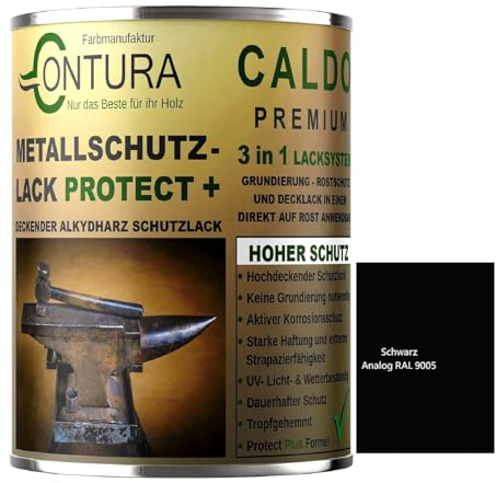 Contura 3in1 Rostschutzfarbe Metallschutzlack Glänzend RAL Metall Lack Farbe Grundierung (RAL 9005 Schwarz, 1 Liter)