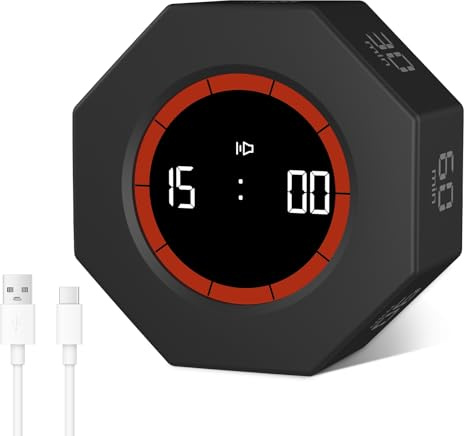 Cuteefun Cubo Temporizador, Pomodoro Timer Hexagonal Giratorio, Negro | 1/3/5/15/30/60/90 Minutos Cuenta Atrás, Temporizador Digital, Alerta Sonora Ajustable para Cocina, Estudio, Reunión