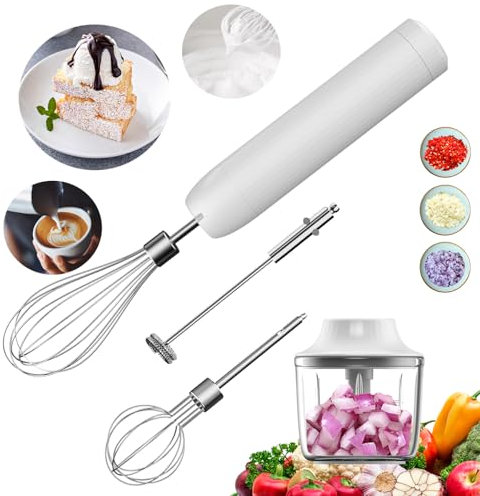 4-in-1 Hand Mixer, Electric Whisk, Small Cordless Hand Blender, Rechargeable Portable Milk Frother Handheld for Coffee, Lattes, Cappuccinos, Matcha, Mini Onion Chopper 300ML, 4 Speed Hand Mixer