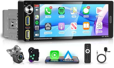 6.9 Inch Single Din Wireless CarPlay Touchscreen Car Stereo, Rimoody 1 Din Car Radio with Wireless Android Auto Bluetooth FM Radio SWC EQ Mirror Link Car Player Rear View Camera