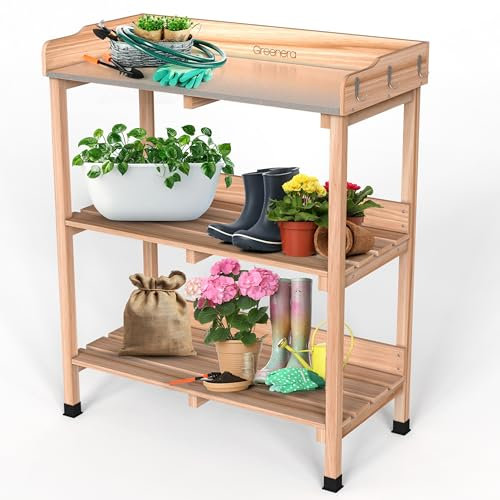 3 Tier Garden Potting Table, Wooden Potting Bench with 6 Hooks and Shelves, Garden Table Garden Work Station Outdoor Potting Table for Patios,Courtyards, Garden, 91.5cm x 75cm x 36.5cm