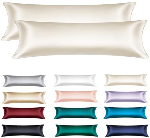 Soifox Satin Seitenschläferkissen Bezug 40x145-2er Set Weich wie Luxurious Seidenkissenbezug 40x145 für Haar und Haut mit Reißverschluss Beige