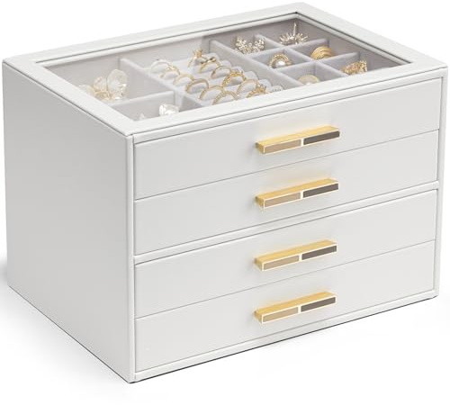 Vlando Grande boîte à bijoux à 4 niveaux avec couvercle en verre, 4 tiroirs, pour colliers, boucles d'oreilles, montres, bracelets, rangement de bijoux, moderne, Cendrillon Plus, blanc