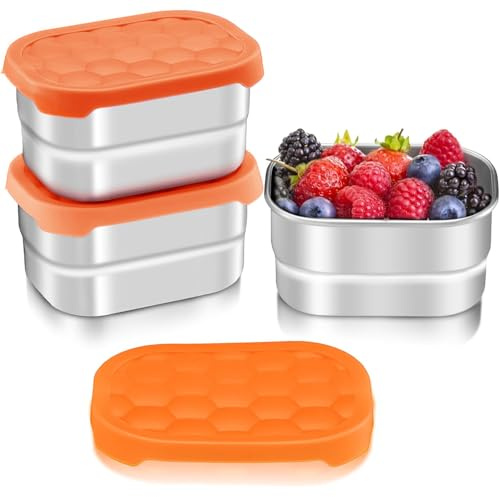 Roysmart 2 Stück Snack-Behälter, 230 ml Edelstahl-Snack Box mit Deckel aus Silikon, Auslaufsichere Snackbox, Kleine Edelstahl Gewürzbehälter für Kinder-Snacks, Dips und Gewürze