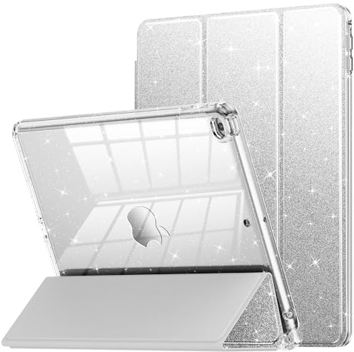 INFILAND Hülle für iPad 9.7 Zoll 6. Generation 2018/5. Generation 2017/iPad Air 2, Glitzer Transparent Schutzhülle mit Stifthalter, Stoßfestes Cover für Kinder, Mädchen und Damen (Silber)