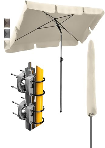 4smile Sonnenschirm Balkon SunnyShade - Sonnenschutz Balkon 4-in-1 SET, Beige - Sonnenschirm rechteckig 200 x 125 cm + 2 x Sonnenschirmhalter Balkongeländer SunnyEasy + Sonnenschirmhülle