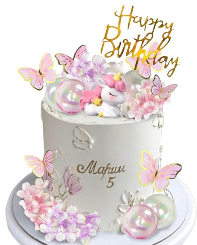 CharmeFleur Einhorn Kuchendekoration Einhorn Kuchen Toppers mit künstlicher Blume Ball Schmetterling Happy Birthday Kuchen Dekorationen für Mädchen Frauen