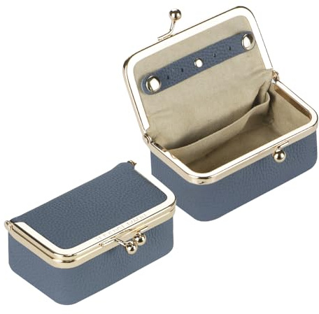 Royal Bagger Genuine Cow Leather Jewelry Box, Mini Case for Rings, Necklaces & Earrings, Kiss Lock Coin Purse for Women 3203 (Flax Blue)