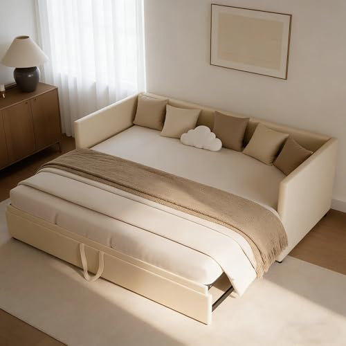 BRILVERDE Lit capitonné, convertible, 90/180 x 200 cm, canapé-lit avec sommier à lattes, canapé-lit 2 places avec fonction sommeil, en velours, beige (sans matelas)