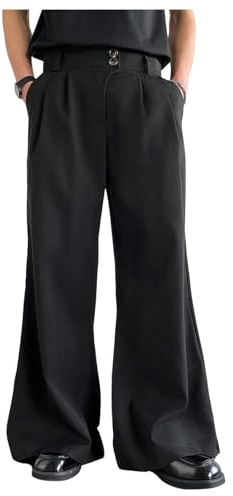 OYOANGLE Men's Wide Leg Suit Pants Pleated Business Casual Baggy Dress Trousers with Pockets Black Large