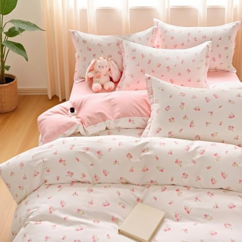 Nayoroom Bettwäsche 140x200 Mädchen Rosa Weiß Tulpen Blumen Bettbezug Set | ÖKO-TEX,Pflanzenmuster,Weiss,Pink,Deckenbezug,Aesthetic,Floral,Microfaser,Wendebettwäsche,Kissenbezug 70x90cm,Reißverschluss