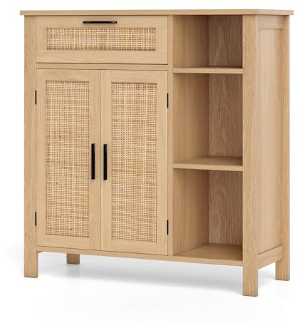 TANGZON Storage Cabinet, Wooden Buffet Sideboard with Rattan Woven Doors, Drawer & Adjustable Shelf, Freestanding Cupboard for Kitchen Dining Living Room, Natural