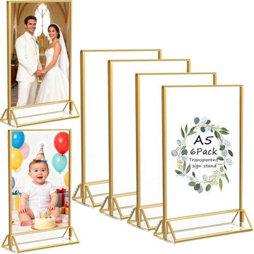 Kinfezlon Aufsteller A5 Gold, 6 Stück Goldener Doppelseitiger Bilderrahmen, Gold Acryl Tishkartenhalter A5, Tischaufsteller Aufsteller A5Goldrahmenfür Hochzeit, Restaurants, Café, Zeichnun