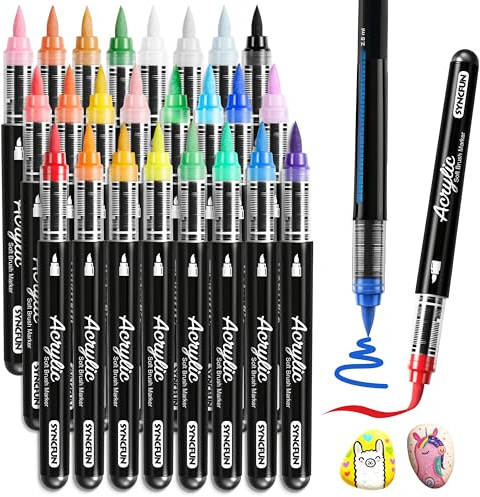 SYNCFUN Acrylstifte für Steine, 24 Farben Pinselspitze Glasmalstifte Spülmaschinenfest, für Stoff, Porzellanstifte Leinwand, Holz, Glas, Geburtstags- oder Ostergeschenke für Kinder