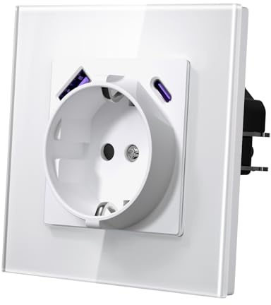 MVAVA Steckdose mit USB C 20W PD, Schuko Steckdose Unterputz EU-Standard, 86mm x 86mm Unterputz Steckdosen mit Glasrahmen, Einfache Installation, Weiß