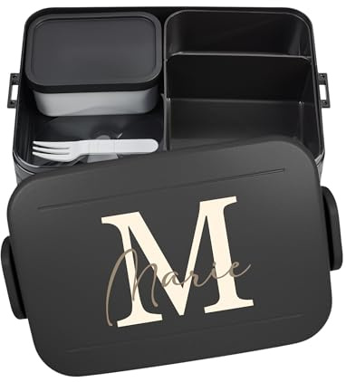 Mepal Bento - Contenitore per il pranzo Take a Break personalizzato, contenitore per il pranzo con nome, set con stampa colorata, lettera iniziale, grande, colore: Nero