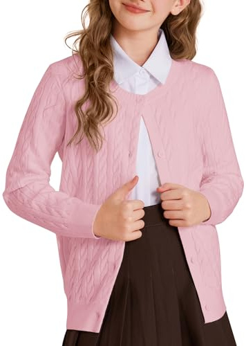 GRACE KARIN Girls Long Sleeve Knitted Cardigan Sweater Kids Ligthweight Crew Neck Bolero Shrug Pink 8-9 Years
