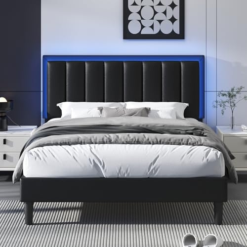 HOMBCK Double Bed Frame with LED Lights Headboard, Black, 135x190 | Adjustable Headboard, Upholstered Bed Frame, Easy Assembly, No Box Spring Needed