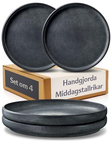 Cosumy Set de 4 Assiettes Plates Ø26 cm – Service Assiette Artisanales Noires – Vaisselle Élégante pour 4 Personnes – Assiettes Service Table – Set de Vaisselle Durable