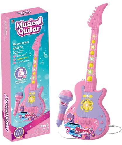 Porgeel Ensemble Guitare et Microphone pour Enfants avec Musique et lumière Guitare Microphone 2 en 1 pour Enfants en Bas âge