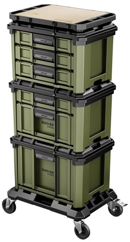 BUNKER Load-Up Tool Box Drawer Stacking System 5-Piece - 6 Drawer Tool Storage, Locking Drawers, Dolly with Braked Castors & Worktop, Heavy-Duty Organiser for Workshops & Garages