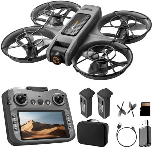 Drone con Radiocomando Schermo da 4,9, Doppia Fotocamera HD, Motore Brushless, Flip a 360°, Posizionamento a Flusso Ottico, Decollo Un Tasto, 2 Batterie e Scheda SD, Per Principiant