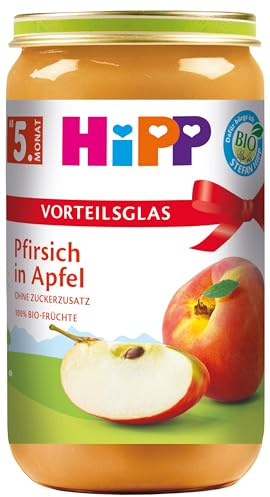 HiPP Bio Pfirsich in Apfel (6 x 250g), Babygläschen ab 5. Monat, 100% Früchte, ohne Zuckerzusatz, ideal als Nachspeise oder Brei-Zutat
