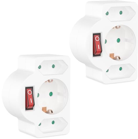 benon Uppsättning av 2 flera kontakter med strömbrytare, 3-vägs 3680 W | Uttagsadapter med barnsäkring | Dubbel kontakt och multikontakt 3-vägs | 2 euro + 1 Schuko | med skyddskontakt