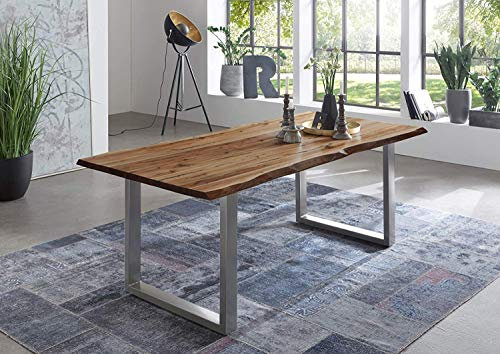 junado Baumkantentisch 160x85 cm Indira, Esszimmertisch aus Akazie, Holz-Tisch mit Silber lackierten Beinen