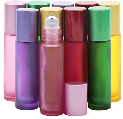 Rowiz 10pcs Small Glass Roller Bottles, 10ml Glass Roll on Bottles | 1/3oz, Refillable, Leak-proof, Portable, Thickened Glass, for DIY Essential Oils, Perfume, Travel - 5 Color