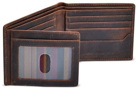 BULL GUARD RFID-blockierende, faltbare Brieftaschen für Herren, braunes Vollnarbenleder, Kreditkartenetui mit 2 Ausweisfenstern, Premium-Sicherheit und hoher Kapazität, Crazy Horse, M, RFID-Geldbörse