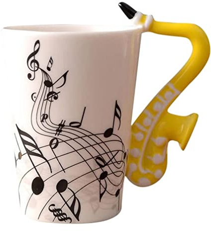 eKsdf Keramiktasse Musik Motiv Kaffeebecher mit Saxophon Henkel (Gelb) | Lustige Teetasse Porzellan Tasse Keramik Kaffee Becher Geschenk für Freunde Kollegen