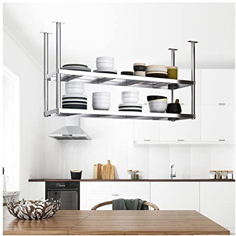 ZXFDM Schwebendes Regal für die Deckenmontage, 2 Ebenen, Weinregal, Blumenständer, Deckenmontage, Edelstahl-Küchenregal, für Zuhause, Wohnzimmer, Bar (Farbe: Silber, Größe: 120 x 35 x 80 cm)