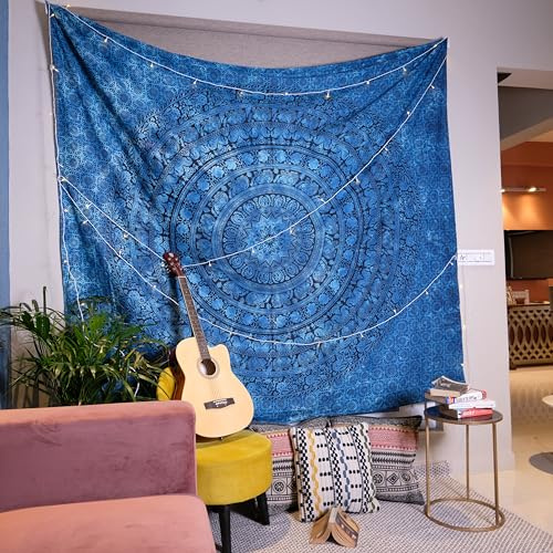 Craft Trade Mandala Blau Wandteppich Indische Wandtuch Tapestry Wandbehang Boho Wandteppiche für Heimdeko Wohnzimmer und Schlafzimmer - 213 x 228 cm