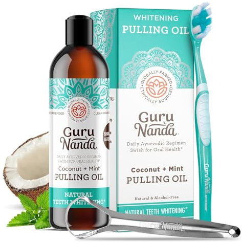 GuruNanda Whitening Pulling Oil with Coconut Oil & Peppermint Essential Oil for Natural Teeth Whitening, Fresh Breath, Alcohol Free Mouthwash, 237 ml