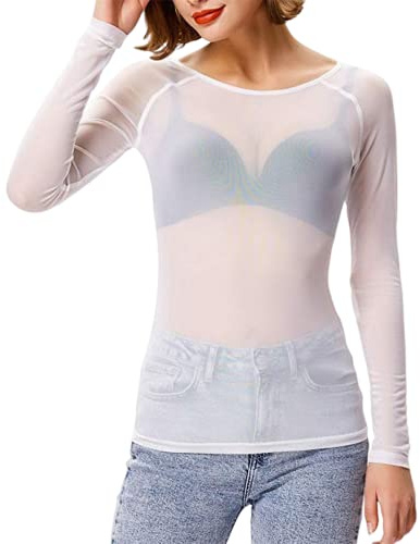 ORANDESIGNE T-Shirt à Manches Courtes en Maille pour Femmes Mesh Crop Top Y2k Sexy Transparent Haut en Résille Perspectif Slim Fit Fête Blouse Clubwear Y Blanc S