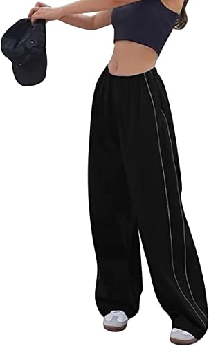 Dam Hip Hop Cargo Byxor Y2K Baggy Byxor Elastisk Midja Bred Ben Byxor Vintage 90-tals Träningsbyxor Dragsko Dansbyxor Träningsbyxor E-Girl Streetwear Träningsbyxor (Color : Schwarz, Size : S)