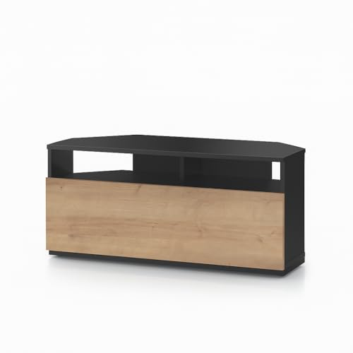 RO&CO Sonorous TRD100-NCh | Meuble TV d’Angle Noir avec Porte Chêne 100 cm | Meuble Télévision d’Angle pour Salon Moderne | Porte Rabattable avec Rangement Caché | Supporte Jusqu’à 40 kg.