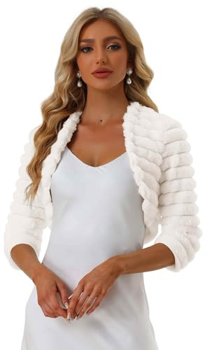 Allegra K Women's Bolero Jacket for Evening Dresses Wedding Open Front Cropped Fluffy Faux Fur Shrug X-Large White