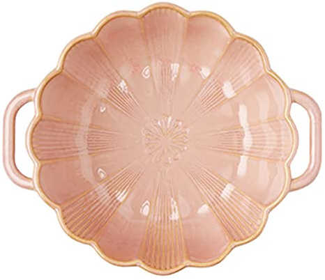 JTBDWOSK Große Tiefe Lasagneform, runde Auflaufform aus Keramik mit Griff, große Ramenschale mit Griff, Mikrowellen-Auflaufform, ofenfest, Backgeschirr aus Porzellan,Rosa,1600ml