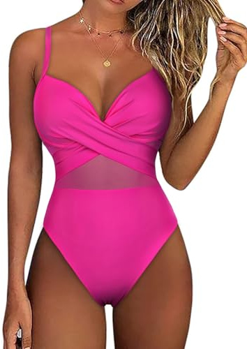 Hilor Hot Pink Push Up Bathing Suit with Underwire Mesh One Piece Swimsuit for Women Cut Out Monokini Swimwear 12