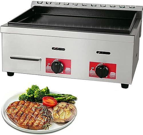 Gas Griddle LPG Commercial Stainless Steel Heavy Duty Restaurant Outdoor Tabletop Griddle Gas Baking Plate Burger Grill Burners for Camping, Tailgating, Kitchen-BBQ Grill with Knobs & Ignition
