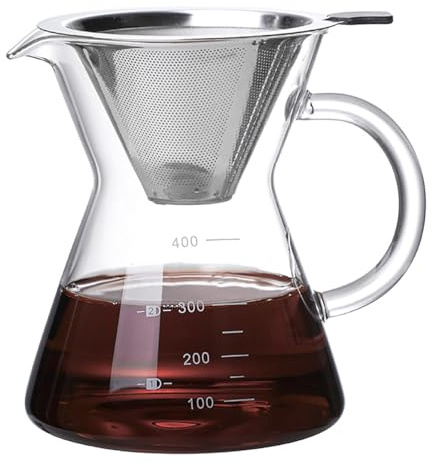 COFISUKI Pour Over Coffee Maker with Reusable Stainless Steel Drip Filter, Glass Drip Coffee Maker Set, Lead-Free Borosilicate Glass Coffee Carafe for 1-2Cup, Clear (400ml/13.5oz)