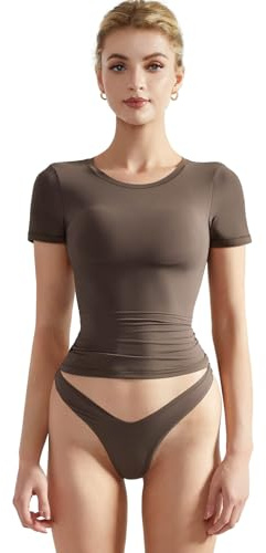 SUUKSESS Women Double Lined Fitted Basic Tee Crew Neck Short Sleeve Y2K Crop Top
