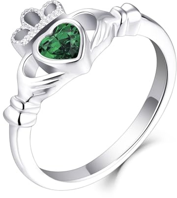 Old English Jewellers 925 Sterling Silver Green Emerald Cz Claddagh Irish Celtic Ring size J K L M N O P Q R S - Love Loyalty & Freindship - Rhodium Overlay